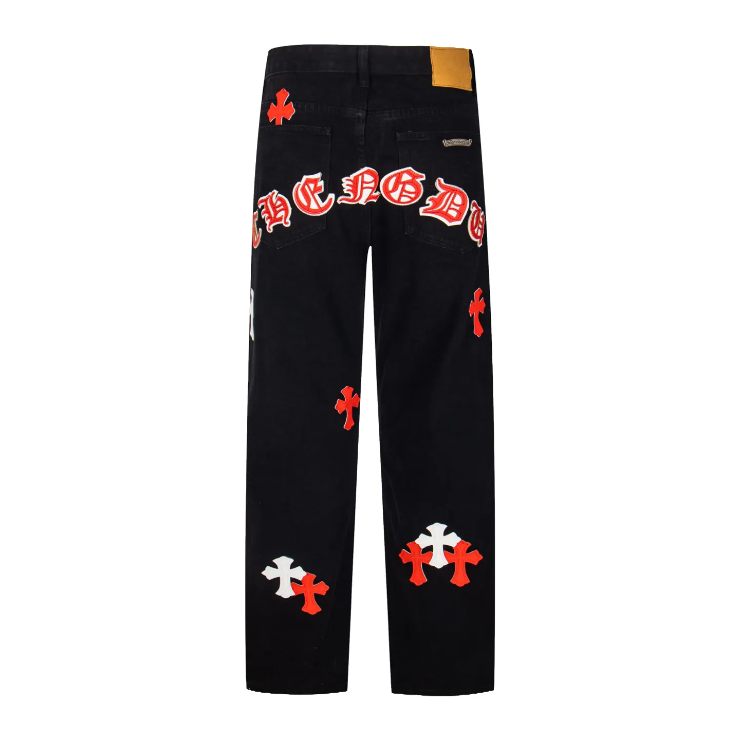 P260 Chrome Hearts Black Pants Sanskrit Red and White Patch Leather Jeans CH jeans need to be washed before being dismantled and then hand-stitched with sheepskin cross leather and then spliced ​​together. The whole piece has too many craftsmanship to explain. The patches are decorated with cross patterns and the high-waisted washed jeans! ! Absolutely high-end luxury products, god-level single products and super popular products, made with top heavy industry, a must-see magic weapon. Customized hardware. The fabric is thick and soft after washing. It has good breathability. Customized small leather label. Unique design. The details are simple and elegant, and the workmanship is exquisite. The entire trousers are neatly routed and the details are in place! It’s so cool that both men and women can easily control the genderless trend! Style number: 1872# Color: black Size: 28 30 32 34